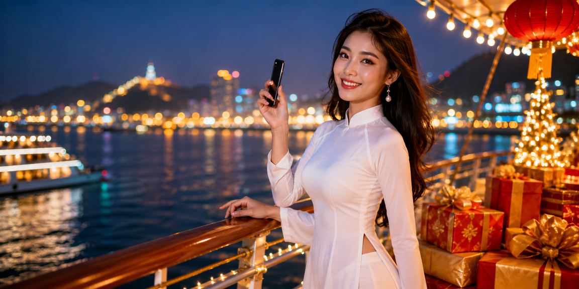 Người dùng truy cập casino trực tuyến qua điện thoại tại Vũng Tàu trong trang phục áo dài